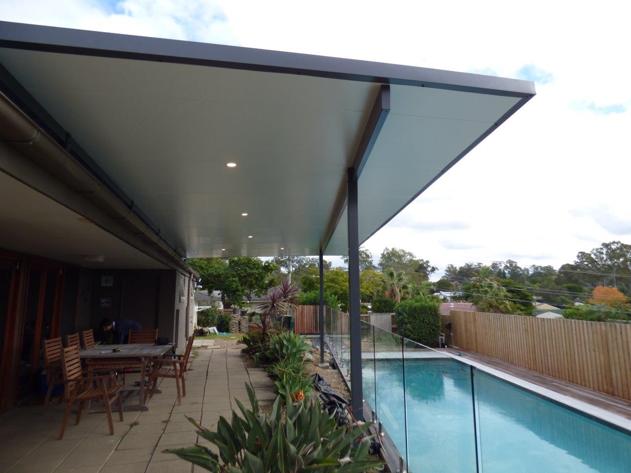 Modern outdoor patio pool area.