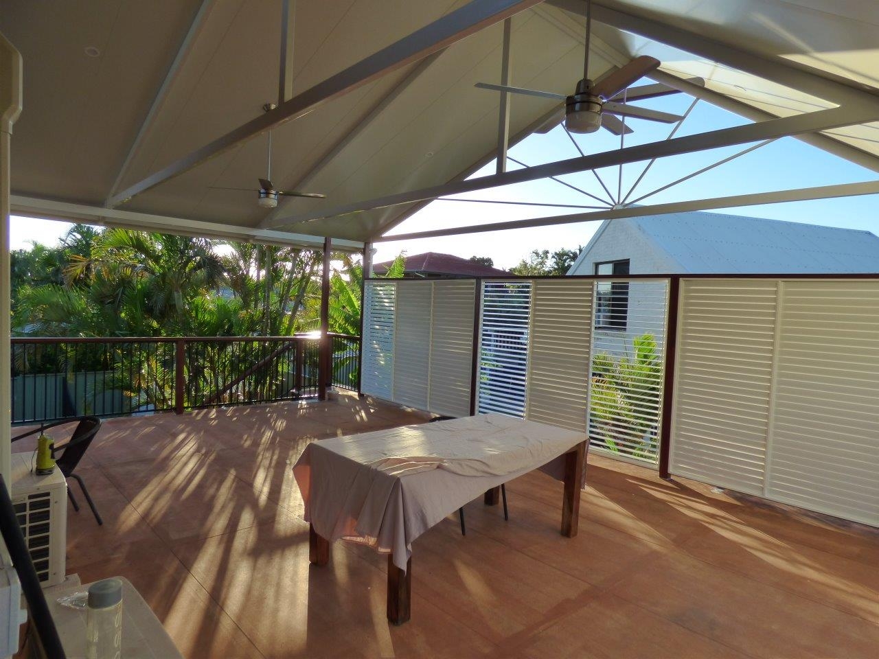 Gable patio roof with lighting.