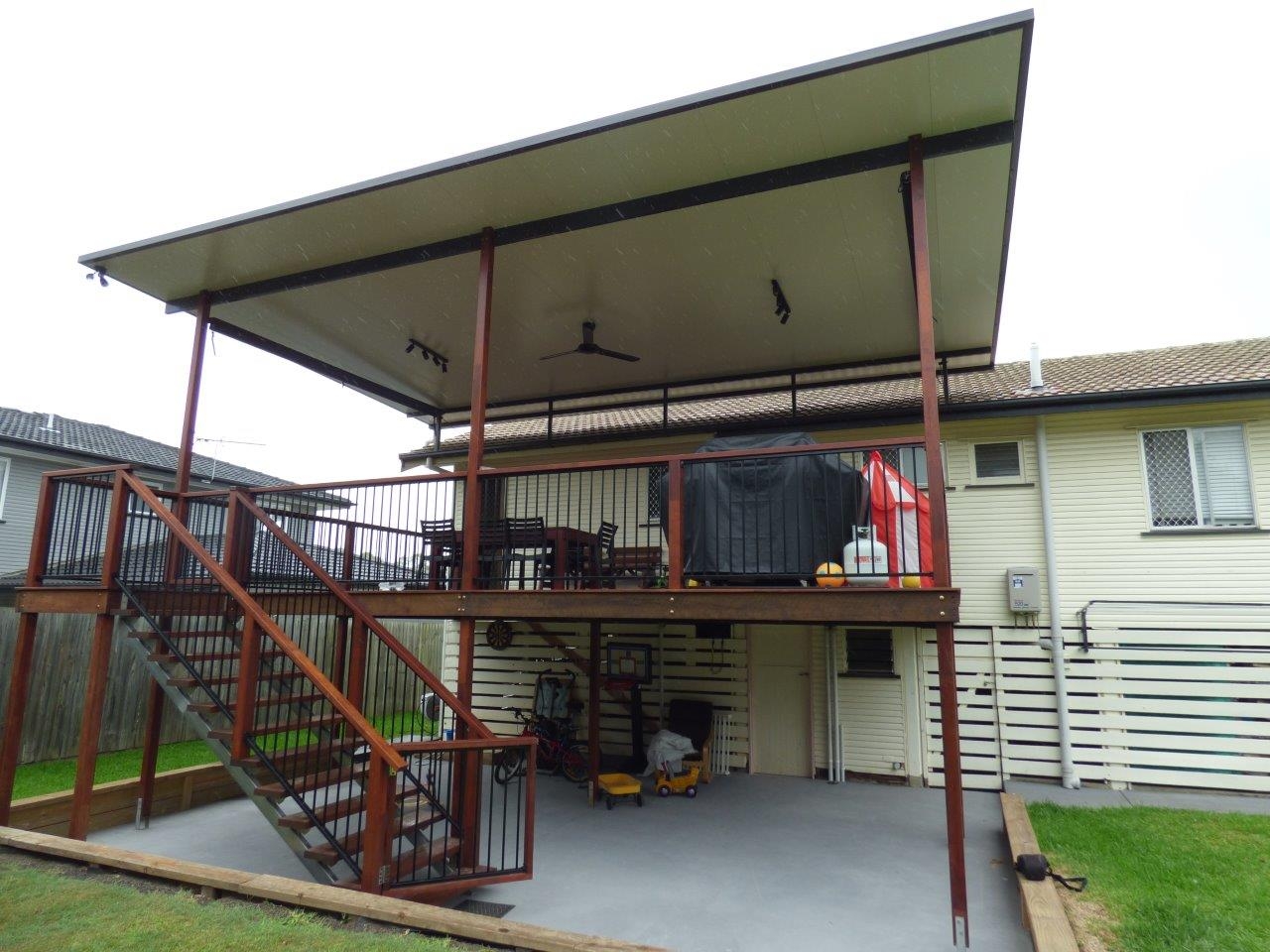 Large patio and deck area.