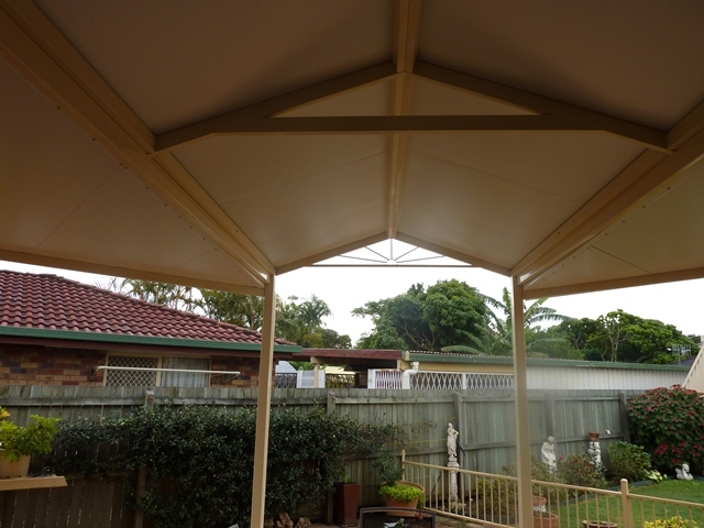 Long gable patio roof.