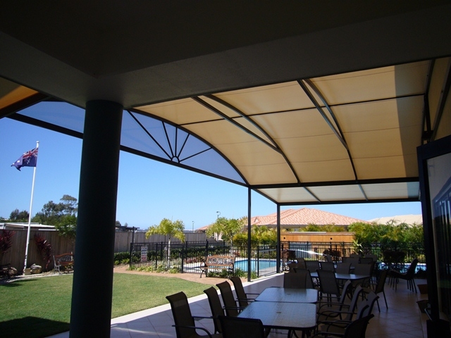 Arched outdoor dining patio.