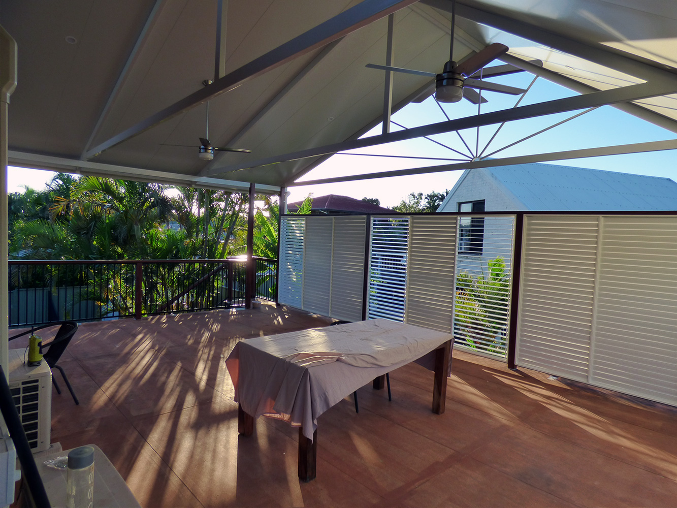 Gable Patios Brisbane Roof with fans for ventilation.
