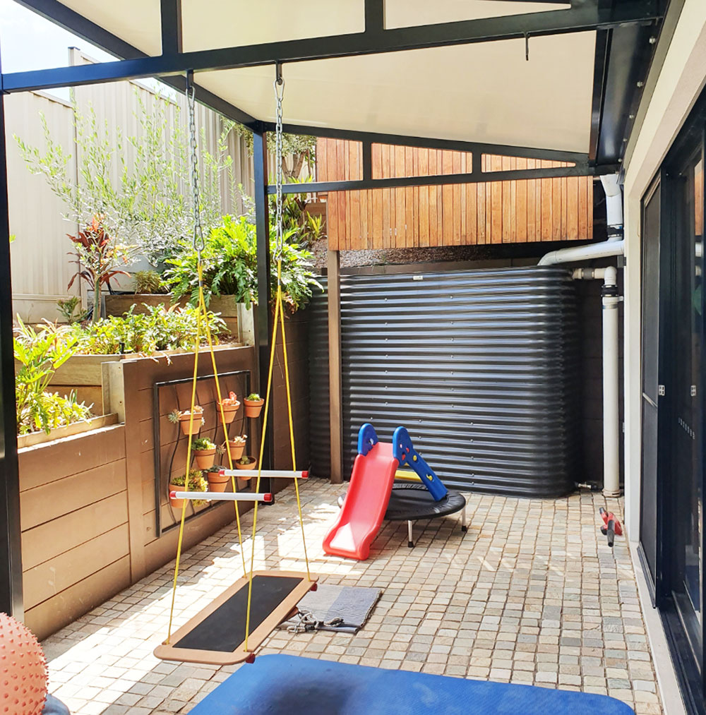This is a custom made and fully welded steel truss structure for an Occupational Therapist (OT). It is custom fitted with hanging tags for equipment like swings and balancing apparatus. #brisbanebuilder #premiumlifestyles